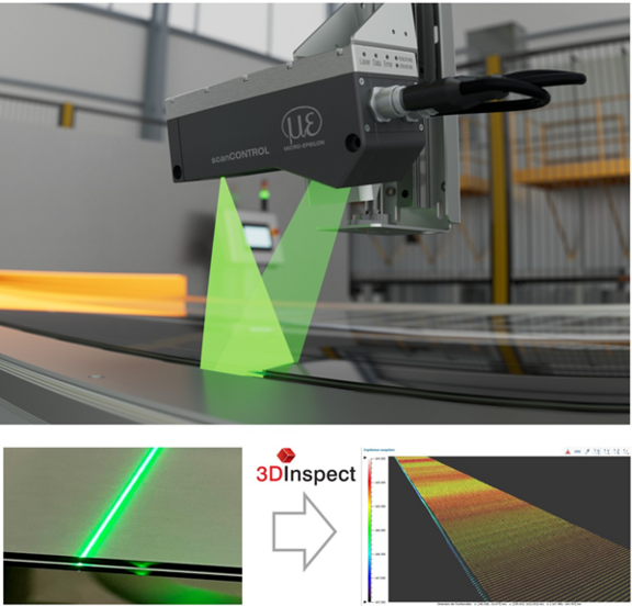 scancontrol 8500 with green laser above the glass production line and images showing the green laser line converted data into 3D Inspect software