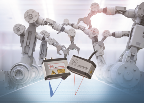 Laser line and single point laser sensors in front of robot arms